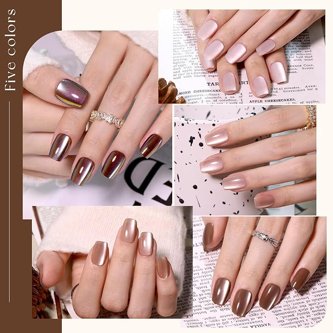 Brown Cat Eye Press on Nails Short Square,Glossy Glass Fake Nail Kit Neutral Nude Chocolate Brown False Nails Winter Fall Nails with Mirror Metallic Silver Nail Stickers,150pcs 15 Sizes