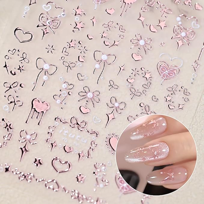 1Pcs 5D Valentines Nail Art Stickers Self Adhesive Rose Gold Bow Nail Decals Embossed Love Heart Nail Stickers Shiny Star Nail Design Sticker Pink Valentines Sticker Cute Nail Supplies Decor for Women