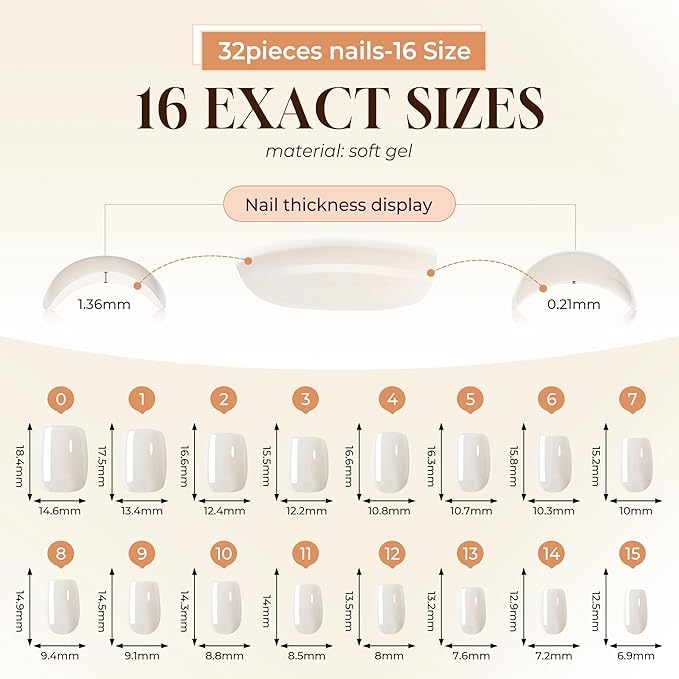 UNA GELLA Press On Nails Short: Chrome White Soft Gel Press Ons Kit with Nail Tips Glue on Nails, 16 Sizes - 32 Reusable Chrome Holographic Fake Nails Kit, Nude White