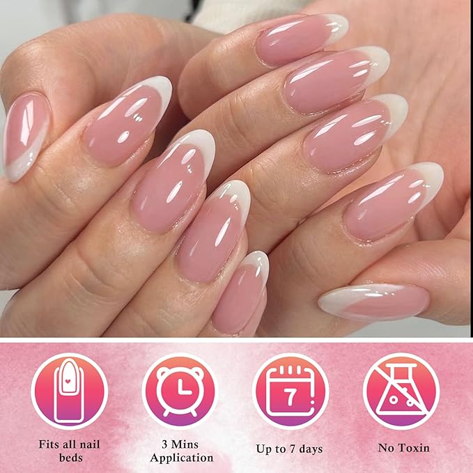 AddFavor French Tip Press on Nails Medium Almond Fake Nails, 120pcs White French Tip Nails Glossy Nude Almond Nails Press on Artificial False Nail with Adhesive Tab for Women Girls