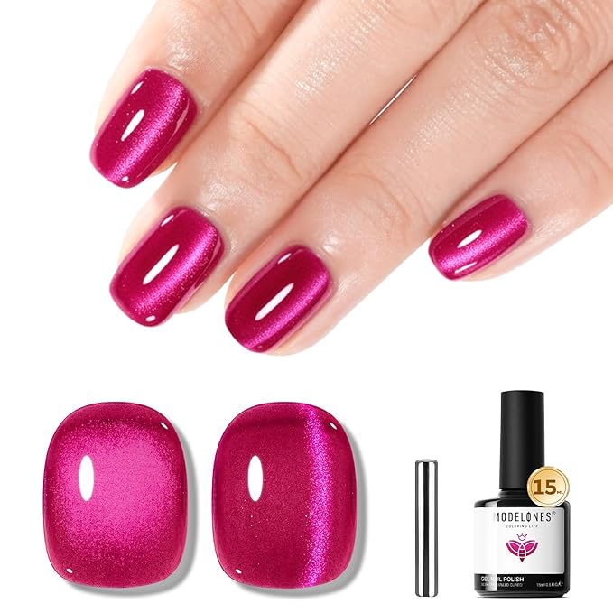 modelones Hot Pink Cat Eye Gel Nail Polish Pink Glitter Holographic Pink Cat Eye Neon Shimmer Reflective Translucent U v Gel Magnetic Nail Polish 15ML