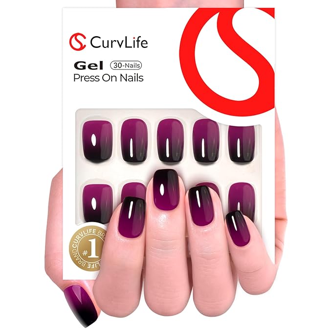 Curvlife Press on Nails 30pcs Fake Grayish Purple Acrylic Nails with Short Design Full Cover, Reusable Nail Kit with Nail Glue Adhesive Tabs