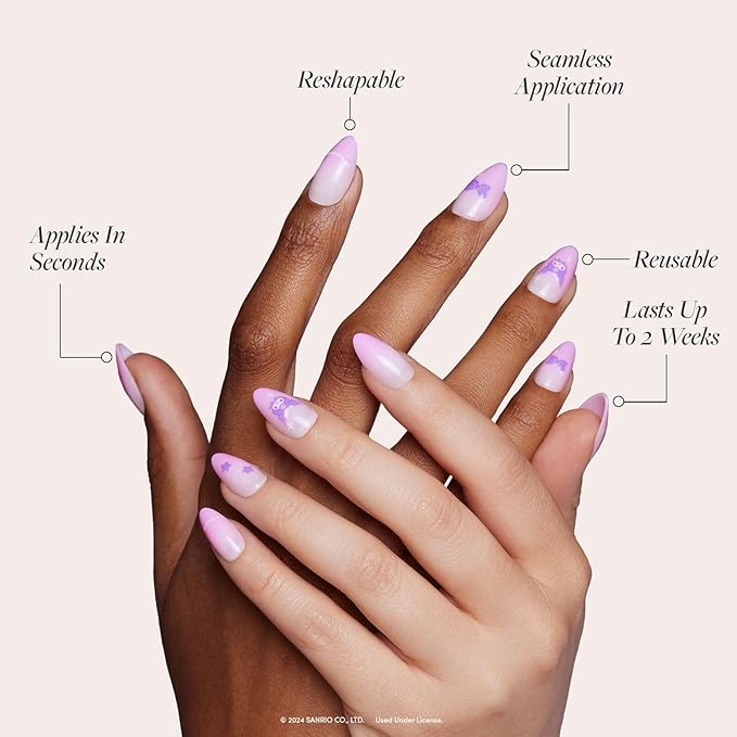 Glamnetic x Hello Kitty® and Friends Press On Nails - Kuromi™ | Short Almond Purple Ombre Graphic Fake Nails in a Glossy Finish | 15 Sizes - 30 Nail Kit with Glue