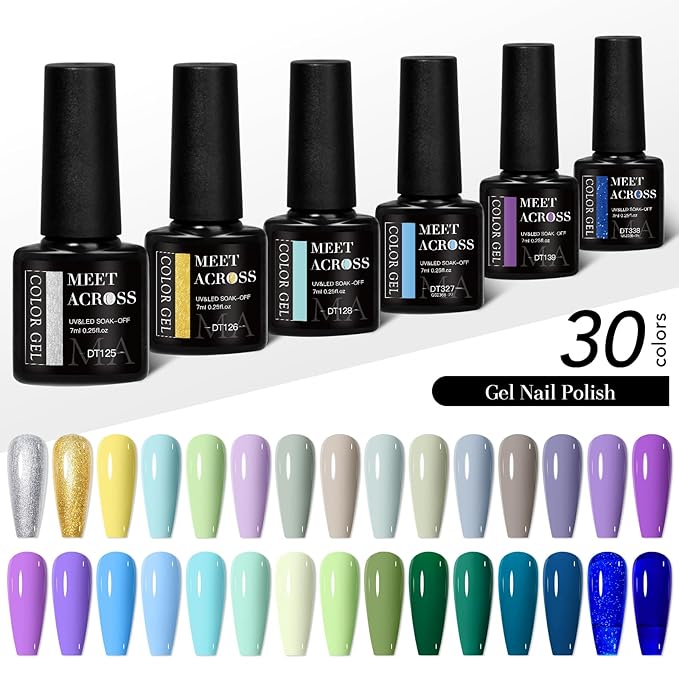 MEET ACROSS 30 PCS Gel Nail Polish Set, Purple Blue Green Gold Silver Yellow Nail Polish Kit Sage Forest Emerald Green Navy Lavender Soak Off Nail Art Salon DIY Gift Women