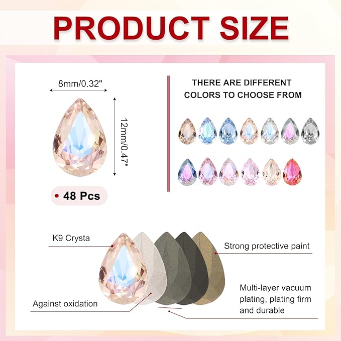 MECCANIXITY 48 Pcs 3D Teardrop Rhinestones Diamond Nail Charm Crystal Pointback K9 Glass Rhinestones Crystal Gems for Jewelry Making, Craft, 8x12mm, AB Yellow