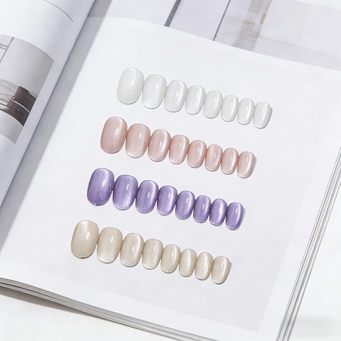 KQueenest 4 Packs Cat Eye Press On Nails Short Oval, Chrome Press On Nails for Women, Pastel Short Fake Nails Press Ons Almond, Glitter Glue On Nails for Daily Party, 96 Pcs False Nails Kit