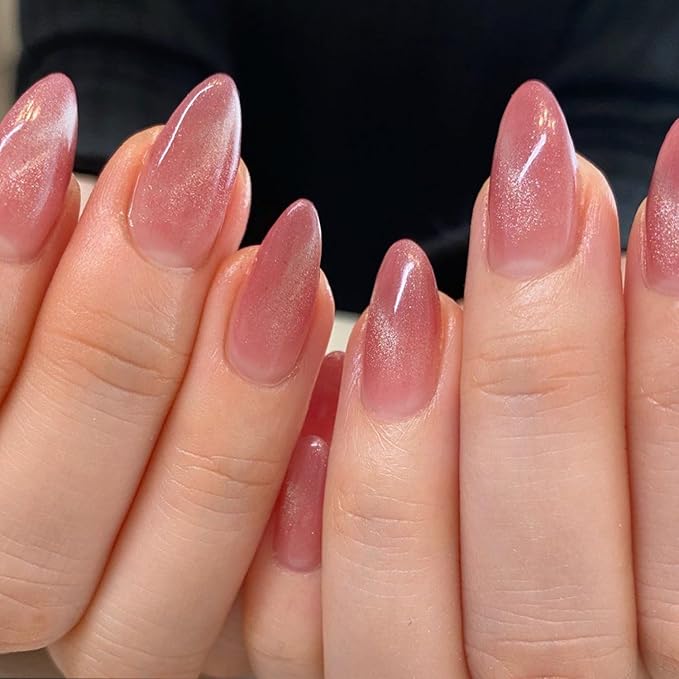 GLAMERMAID Pink Press on Nails Medium Almond, Hamdmade Cat Eyes Jelly Magnet Gel False Nals, Stiletto Shrimmer Glue on Nails Kit for Women, Reusable Short Oval Stick on Acrylic Fake Nails Manicure Set