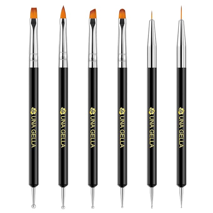 UNA GELLA Nail Art Brushes Set 6PCS Black Color Double-ended Acrylic Nail Design Brush Set Nail Dotting Tools Nail Art Gel Polish Liner Brushes for Christmas Gel Polish Painting DIY Nail Salon