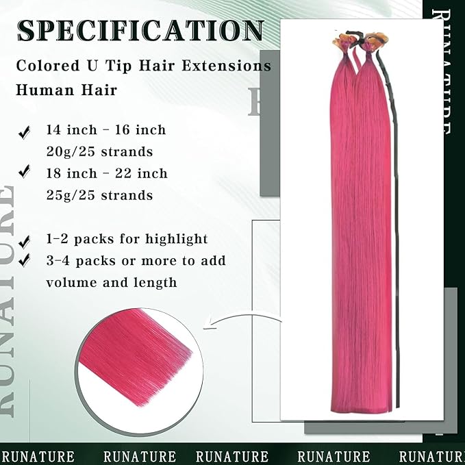 RUNATURE U Tip Hair Extensions Human Hair 14 Inch Hot Pink Hair Extensions Hot Fusion K Tip Extensions Real Human Hair Invisible Pink Extensions Hair Long Lasting 20g 25s