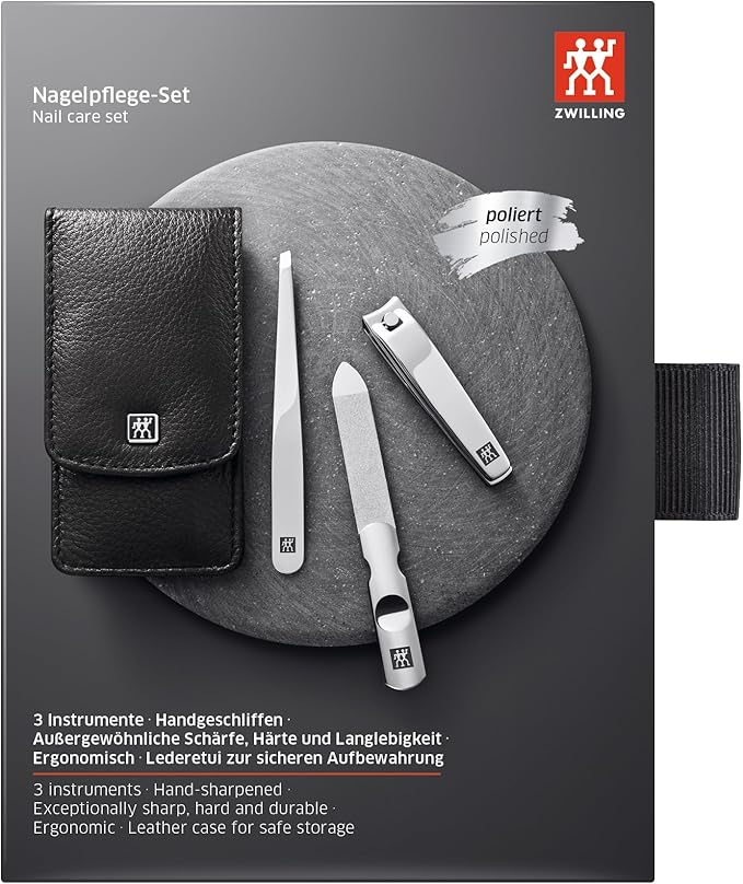 ZWILLING Beauty Classic INOX 4-pc Manicure and Tweezer Set with Black Leather Case, Nail Care Made of Genuine Leather with Push Button