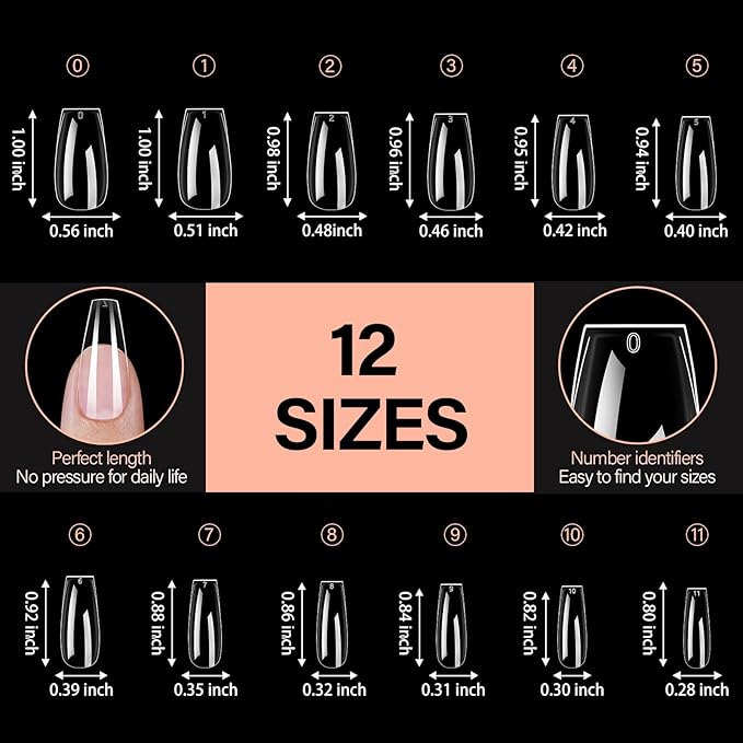 AILLSA Coffin Nails Tips 504PCS Clear Full Cover Nails Medium Gel Fake Nail Tips for DIY Press on Nail Extension, False Acrylic Preshaped Soft Nail Tips (12 Sizes)