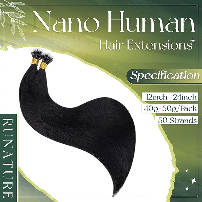 RUNATURE Nano Bead Hair Extensions Human Hair Jet Black Nano Ring Hair Extensions 16 Inch Nano Extension Human Hair Straight Black Hair for Women 50g 50 Strands
