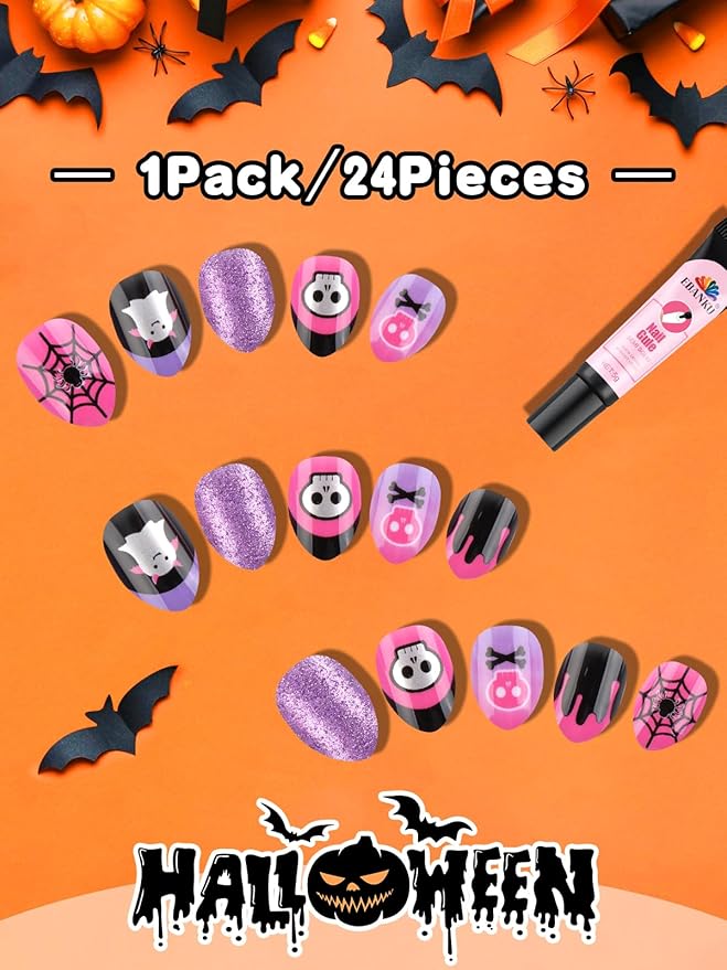 24Pcs Halloween Press on Nails, Fake Nails Full Cover Cute False Nails with Ghost Web Designs Pink Glossy Stick on Nails for Girls Kids with Nail Glue