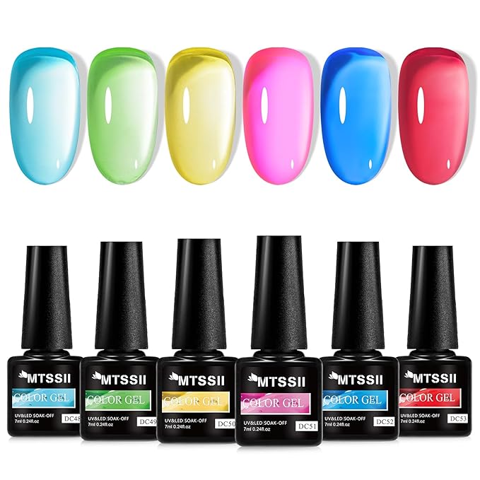 MTSSII 6Pcs Neon Jelly Gel Nail Polish Set Clear Crytal Glass Gel Polish Kit Iridescent Colors Transparent Nail Polish Pink Red Blue Green Yellow Nail Art Manicure DIY Gift