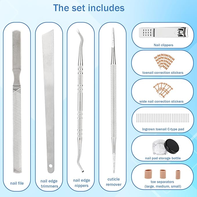 Professional Ingrown Toenail Removal Kit, Including Ingrown Toenail C-Shaped Patch Tools, Wide Nail Corrector Sticker, Correction Sticker Strips & Toe Separator, etc for Home Pedicure