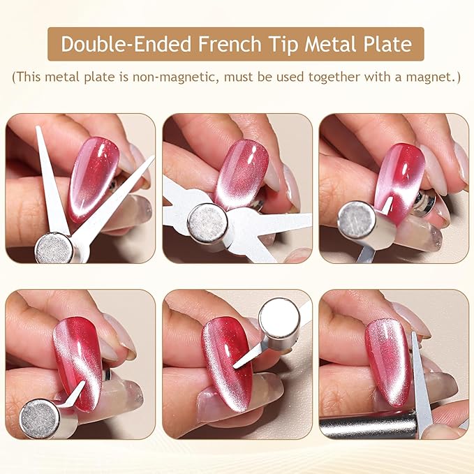 Nail Magnets for Cat Eye Gel Polish, Ball & Cylindrical Magnets with French Tip Metal Plate and Ring Plate for Halo, Glass Bead & French Cat Eye Effects, Manicure Magnetic Tool Kit
