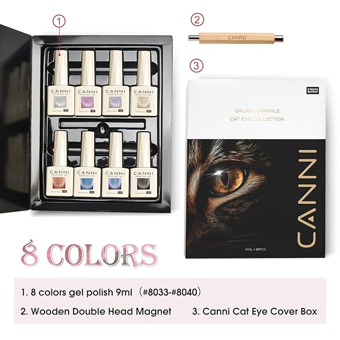CANNI 8 Pcs 9 ML Cat Eye Gel Nail Polish Set, Jelly Pink Red Purple Blue Black Glitter Cat Eye Gel Polish Kit with Magnet Shimmer Colors Soak Off Manicure Salon DIY Gifts