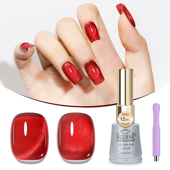 MIZHSE Moonlight Cat Eye Gel Nail Polish, 12mL Rose Red Smoothie Cateye Gel Nail Polish Silky Glitter Magnetic Soak Off U V LED Nail Gel Polish for Home Manicure Nail Art