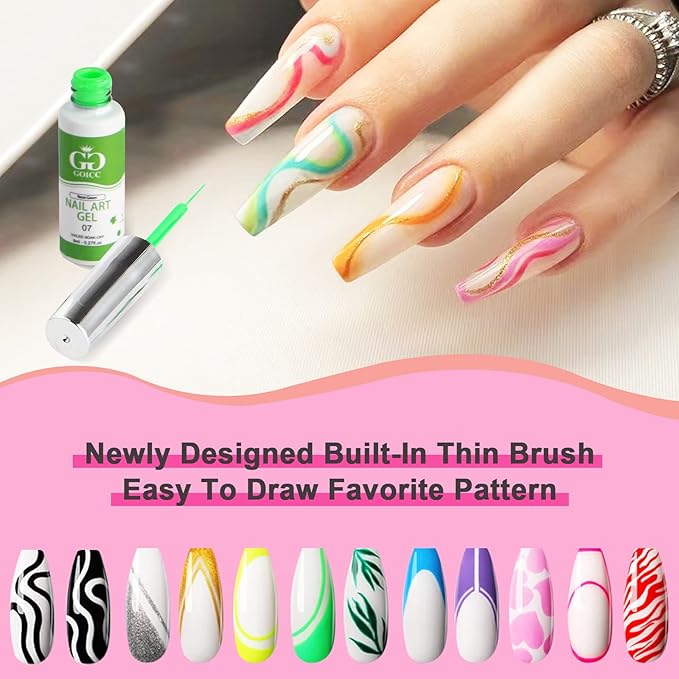Nail Art Polish Set Gel Liner Kit For Nail Design Polish Paint For Nail 12 Colors Black White Gel Nail Polish Soak off Curing Requires 8ml with Thin Nail Art Brush