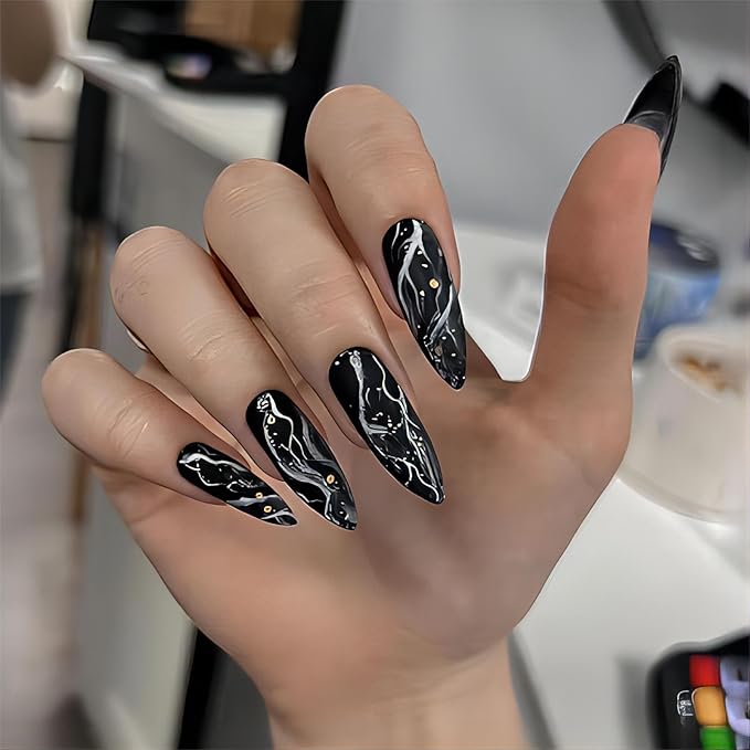 Black Marble Nails Press Ons Long Alomnd Tip Press on Nails Black Marble Design Fake Nails Full Cover Gel False Nails Kit for Womens 24pcs