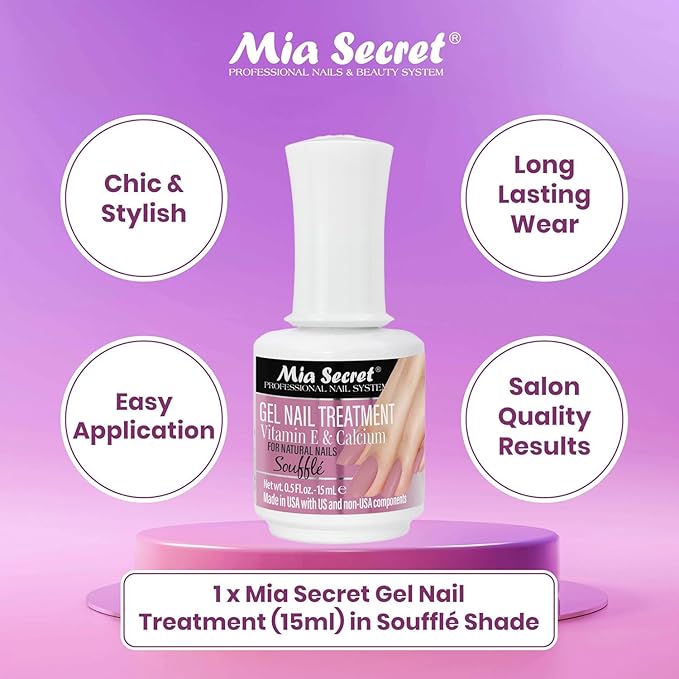 Mia Secret Gel Nail Treatment with Vitamin E and Calcium, 15ml - Nail Polish with Vitamin E and Calcium - Nail Repair and Strengthening Gel for Nails (Souffé)