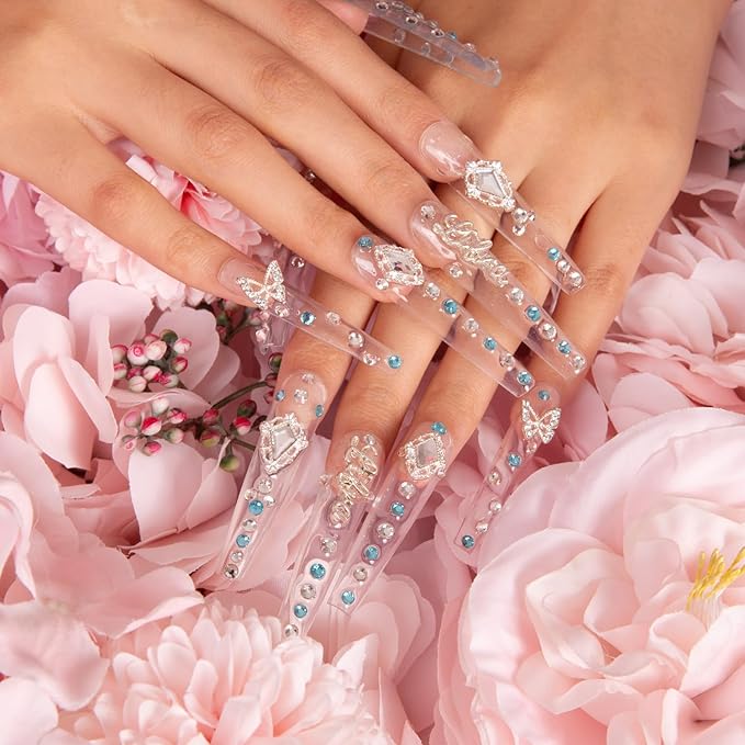 LOVFUL Press on Nails Libra | Handmade with Full Covered Crystals | Reusable Fake Nails | Coffin Long 2.2 in | H196-M