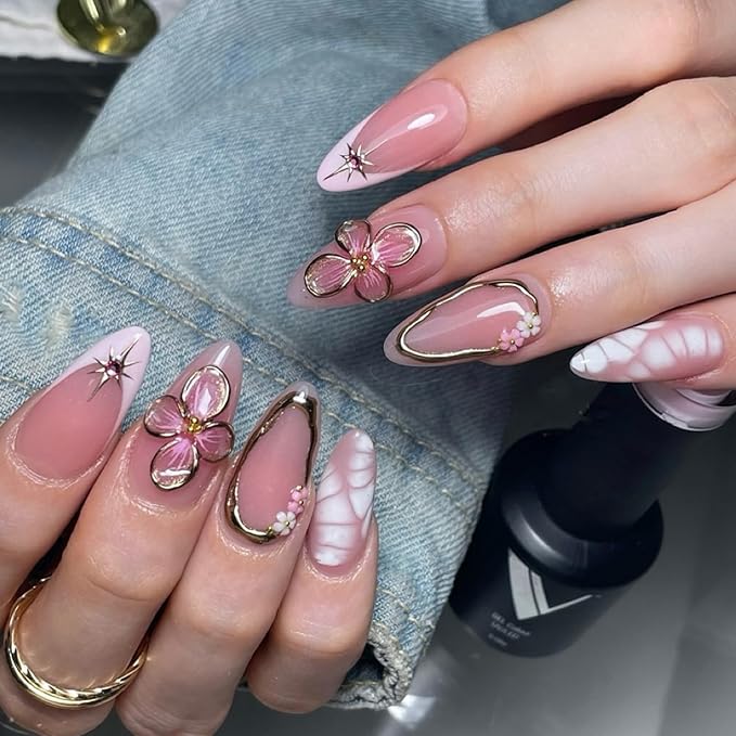 30Pcs Handmade Press on Nails, Rhinestone Stick on Purple French Tip False Nails with 3D Gold Flowers Lines Designs Pink Glossy Glue on Nail Full Cover Press Ons Fake Nails for Women
