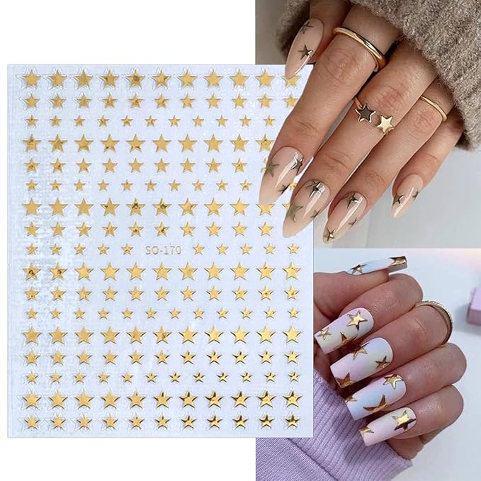 Star Nail Stickers 6Sheets Glitter Shiny Star Nail Art Supplies Black White Rose Gold Silver Nail Design Stickers Colorful Self-Adhesive Stars Nail Decals for Women Girl DIY French Manicure Decor Tips