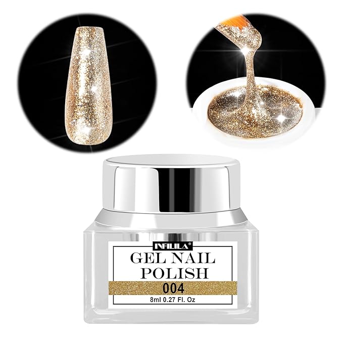 NXJ INFILILA Gold Glitter Gel Nail Polish, Reflective Shimmer Gold Gel Liner for Nail Art, Holographic Sparkle Long-lasting Color Soak Off UV Lamp Cured Gels for Art Manicure Salon DIY at Home B04