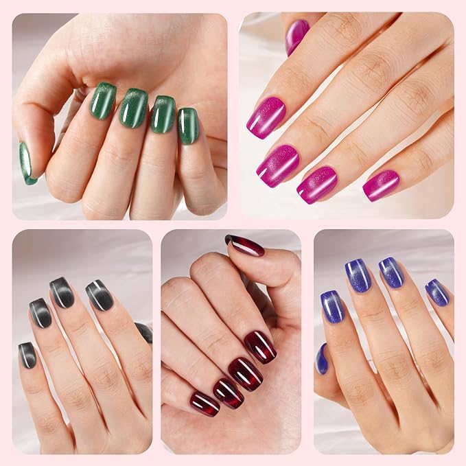 Cat Eye Press on Nails Short Square, 300Pcs Soft Gel Fake Nails, Glossy Glitter Cat Eye Nail Tips for Women and Girls Stick On Nails in 15 Sizes