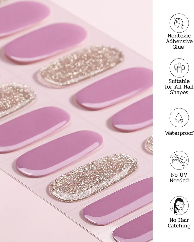 Nail Polish Strips (No UV Lamp Needed) - 22 Pcs Salon Quality Gel Nail Stickers - Long Lasting Wraps (Berry Gold Glitter)