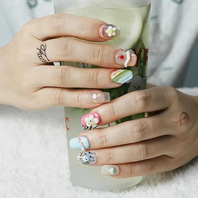 Rainbow Cartoon Press on Nails Short Square - 5D Embossed Sunflower & Mini Colorful Charms Design, Cute False Nails for Women and Girls(Cartoon Drawing,L)