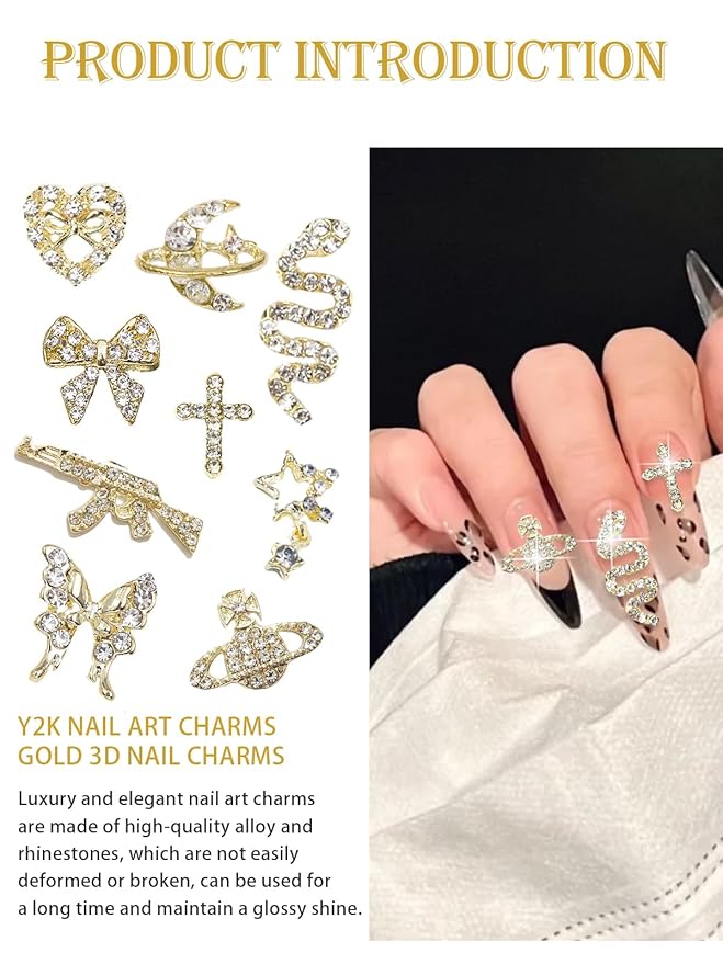 30PCS Gold Nail Charms, Wsimily 3D Y2k Butterfly Nail Charms Alloy Nail Art Rhinestone Shiny Cherry Snake Nail Decorations for DIY Nail Art