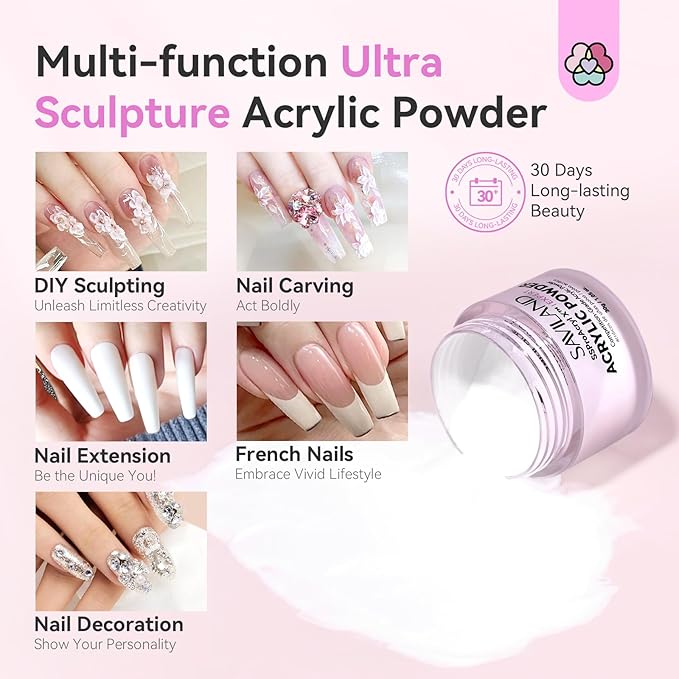 SAVILAND White Acrylic Blending Tech Keratin Nail Powder Ultra-Smooth Application Professional Powder for Nail Extension & Carving