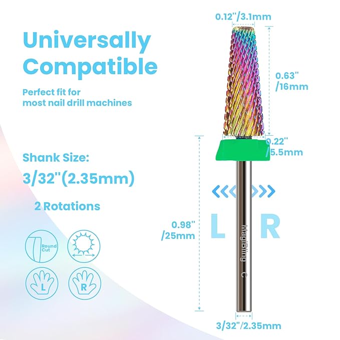 C 5-in-1 Nail Drill Bits, 16mm Tapered 3/32'' Professional Tungsten Carbide Bits for Efile, 2 Rotation for Electric Drill, Remove Thick & Soft Gel Fast, Manicure Cuticle Polish, Nail Techs Bit, Coarse