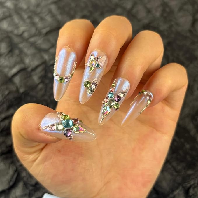 Handmade Medium Press On Nails Almond, Colorful Rhinestones Acrylic Nails,Luxury Nail Press On with Charm Design for Daily&Party Wear(Encounter Rainbow Design Concept)