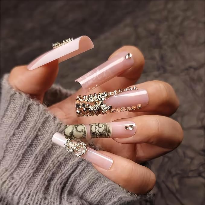 Extra Long Press on Nails Square Fake Nails French Tip False Nails with Gold Charms Designs Long Nails Press ons Sparkly Artificial Glossy Glue on Nail Cute Stick on Nail for Women 24Pcs