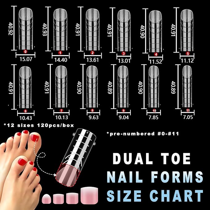 Toe Dual Nail Forms for Poly Gel & Builder Gel Toenail Extension - 120Pcs Reusable Full Cover Square Toenails Molds with 12 Sizes - Professional Pedicure Nail Tips for Salon & DIY at Home