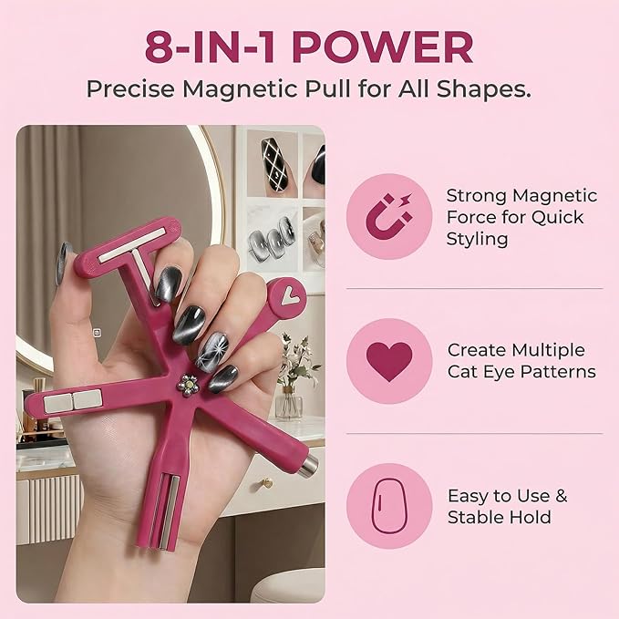 8 in 1 Cat Eye Magnet, Nail Magnets for Cat Eye Gel Polish, Cat Eye Tools for Nails with Steel Ball, Multifunctional Nail Magnet for Nail Salon Home DIY (Red)