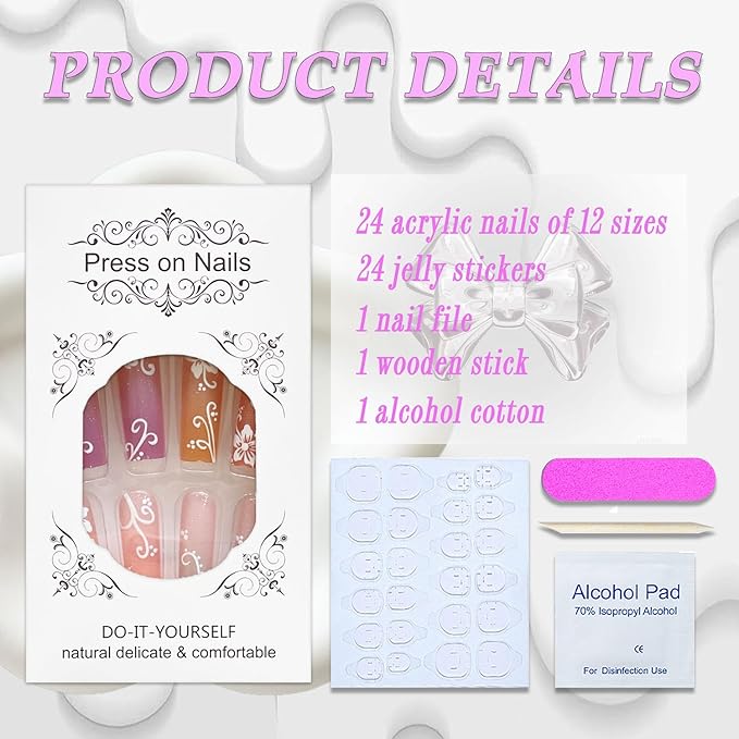 Press on Nails Long Square MABKJLF Summer Fake Nails Rainbow Full Cover False Nails with White Flower Designs Glossy Stick on Nails Artificial Acrylic Nails for Women Girls 24 Pcs