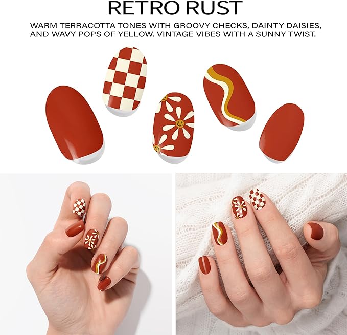 Semi Cured Gel Nail Strips with 30 Pieces - UV Gel Stickers, Manicure Kit, Easy Application Wraps Includes Prep Pads, Nail File, Wooden Stick - UV Light Required (Retro Rust)