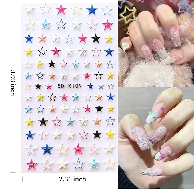 5D Embossed Heart & Star Nail Art Stickers, Colorful Heart-Shaped & Star-Shaped Nail Decals, Self-Adhesive Nail Supplies for Women's Manicure Decoration