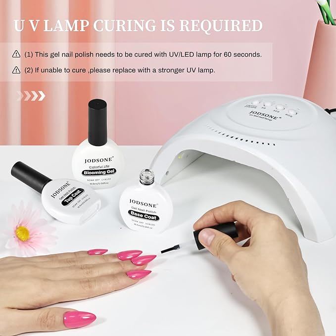 JODSONE 3Pcs 16.5ml Top Coat And Base Coat Set with Blooming Gel No Wipe Top Coat Base Blooming Gel for Spreading Effect Print Nail Painting Need U V Lamp Cured