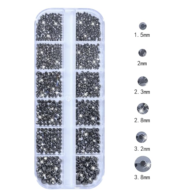 HNUIX Nail Rhinestones - 3D Multi Shape Size, Crystal Mineral Gray Nail Gems, Flat Back, with Kit, for Nail Art, DIY Decorations