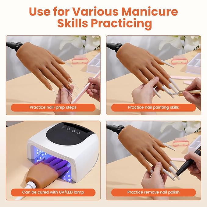 Practice Hand for Acrylic Nails: Silicone Nail Hand Practice with Gold Rings - Flexible Fake Hand Mannequin Nail Hand Kit for Beginners (Brown)