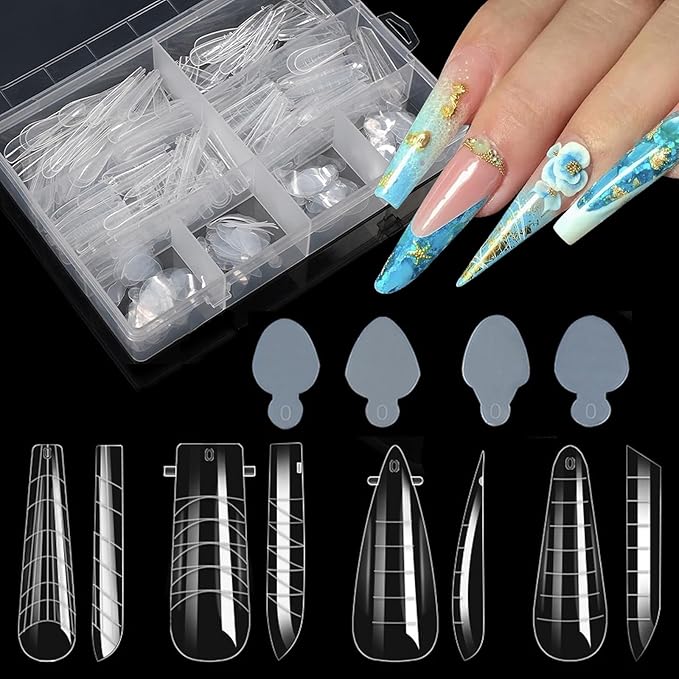 BlueZOO 288Pcs Nail Dual Forms with French Guide Lines Outside, 4 Shapes 192Pcs Poly Gel Nail Molds & 96Pcs Silicone Reusable French Tip Sticker for DIY Nails Extension Manicure Art Home Salon,12 Size