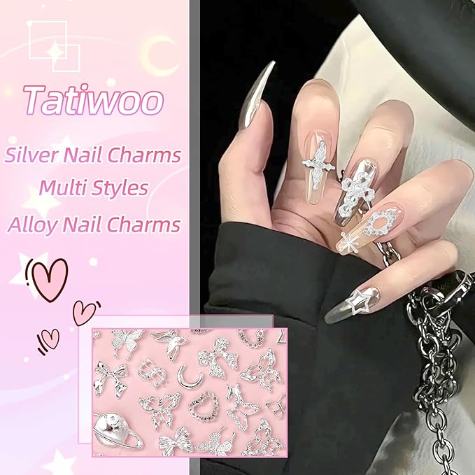 240 Pcs 3D Silver Nail Charms, Alloy Cross Star Crown Bows Nail Silver Charms, Shiny Planet Metal Nails Art Charms Snake Charm for Acrylic Nails DIY Y2K Accessories