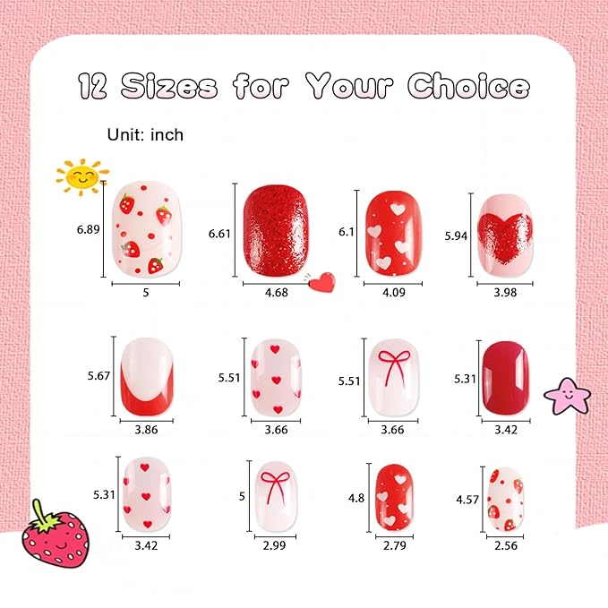 SIUSIO 3Pack Children Acrylic Fake Nails, 72pcs Press on Full Cover Glitter Short Red Heart False Nail Art Kits Set with Sticker Tabs Nail Glue for Kids Little Girls Christmas Gifts - Blossom Sweetie