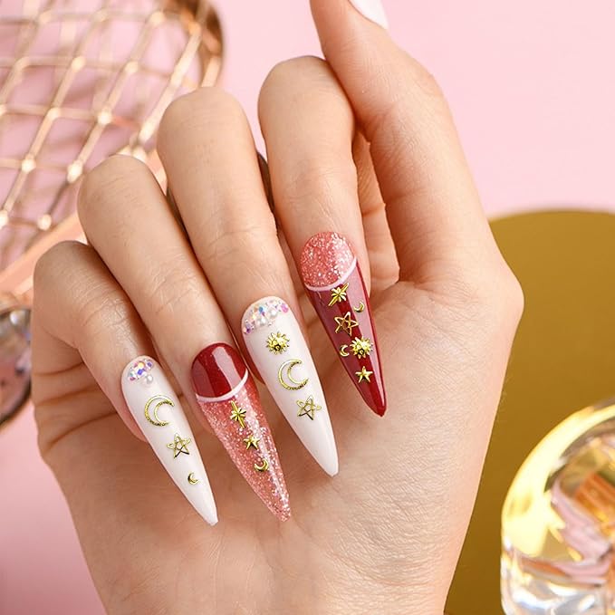 Gold Silver 3D Nail Charms, 2Boxes 24Grids Bow Star Nail Gems Nail Studs,Punk Metal Alloy Rivet Stickers Bowknot Nail Art Decorations Accessories for Nail Art Design DIY Crafts (Gold Silver B)