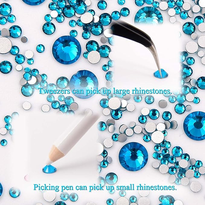 NCB 8000pcs Non Hotfix Rhinestones 10 Sizes Flatback Crystal Glass Rhinestones with Tweezers and Picking Pen for Nail Art Clothes Bags Phone Decorations Crafts DIY (007 Blue Zircon Mix SS3-SS30)